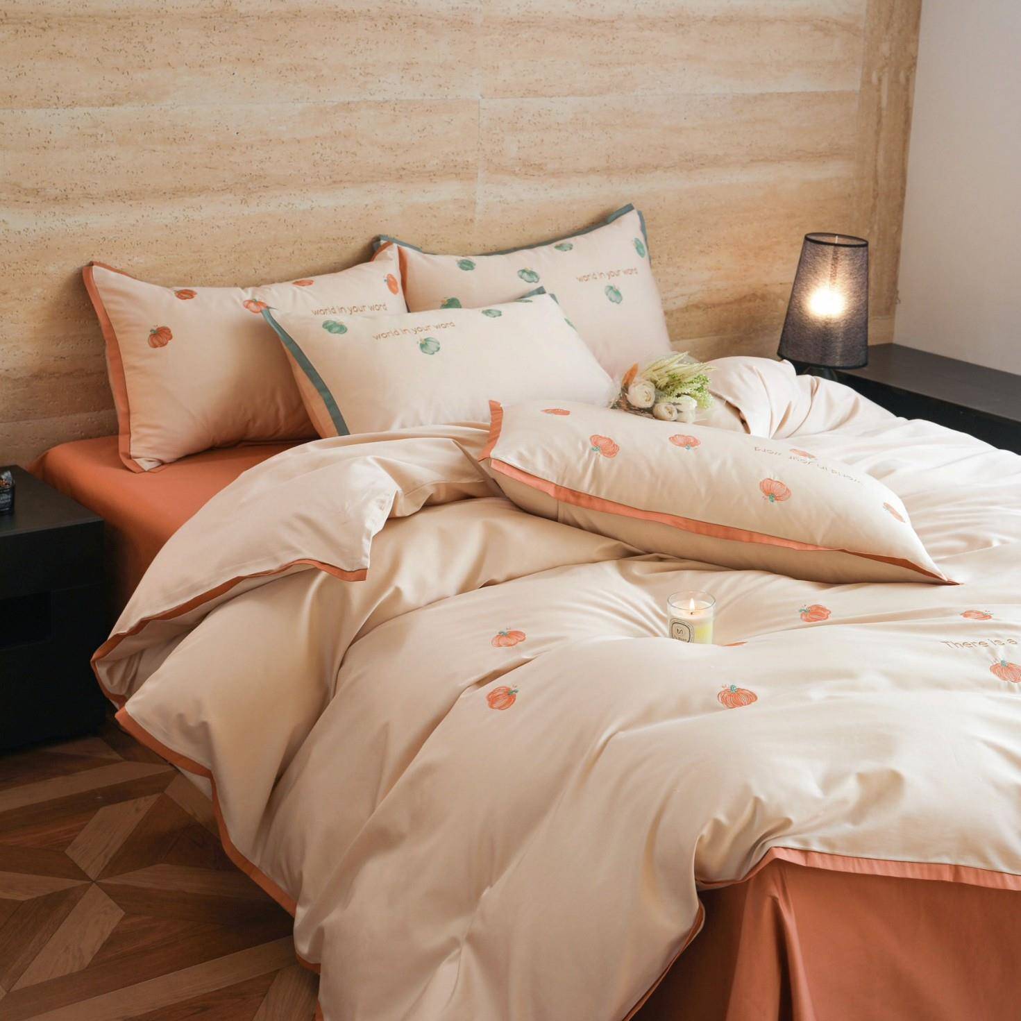 现代纯棉可爱刺绣南瓜裸睡亲肤床单被罩100支长绒棉四件套全棉款