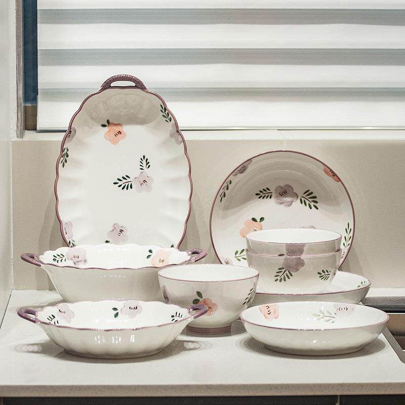 日式紫熏花碗碟套装家用组合档新款乔迁新居陶瓷餐具碗具米饭碗