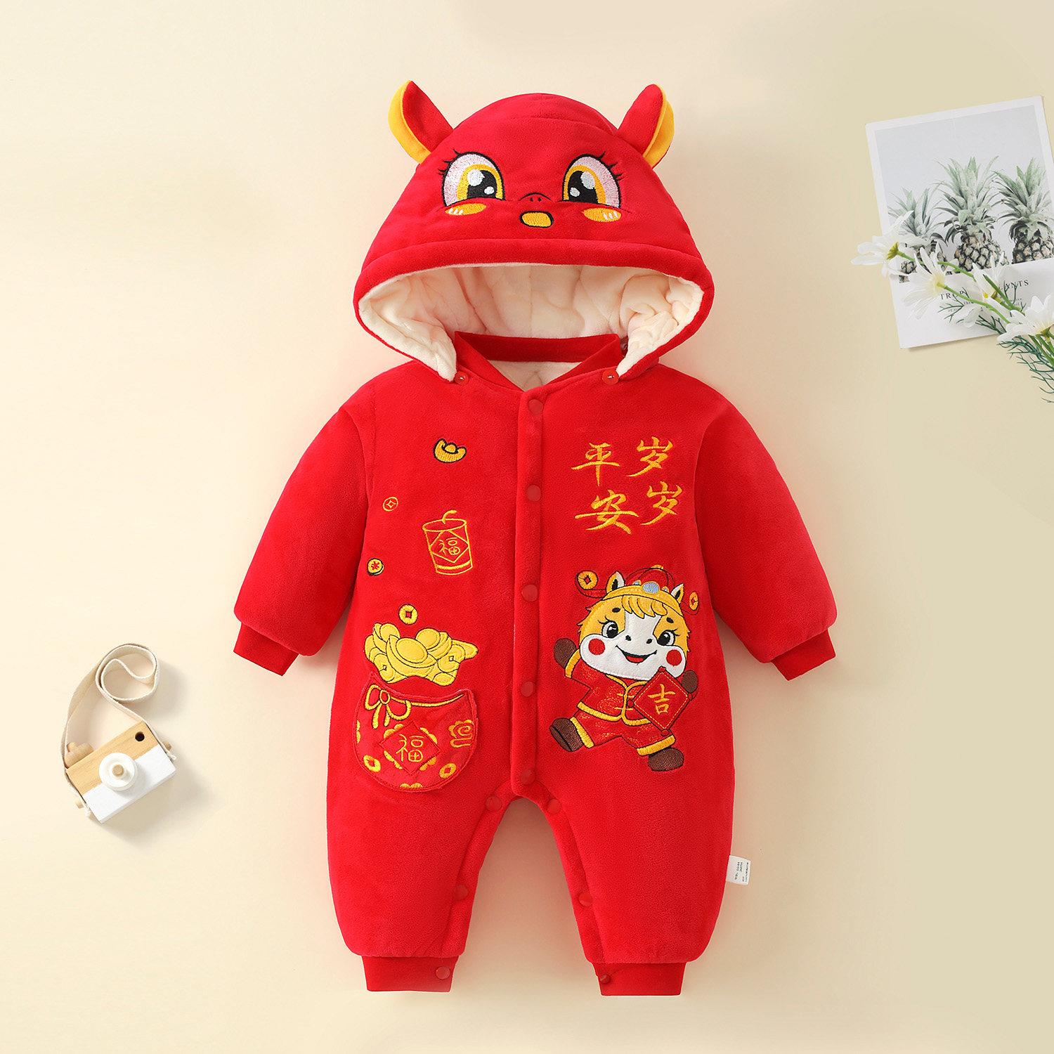 婴儿连体衣秋冬季加绒加厚保暖新生儿睡袋宝宝爬服外出衣服拜年服