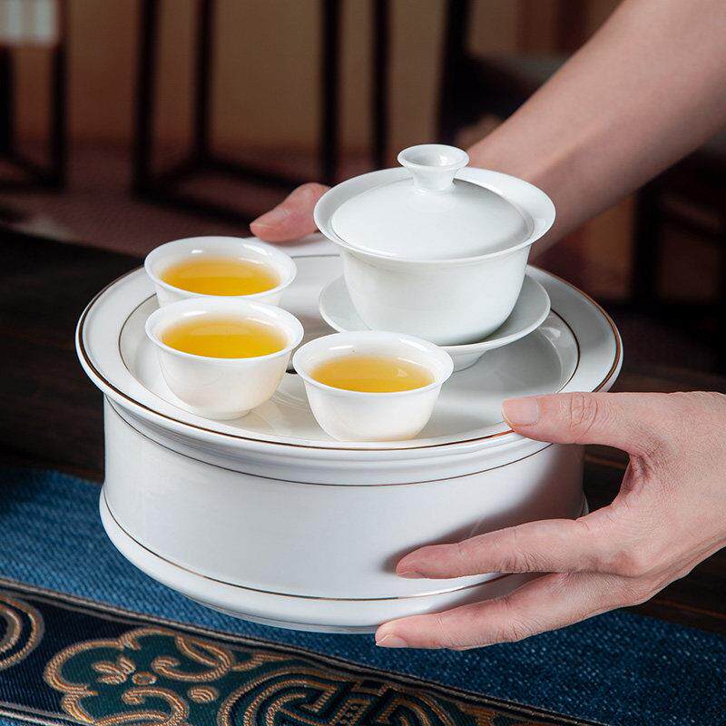 潮汕羊脂玉白瓷功夫茶具套装家用现代盖碗茶杯客厅陶瓷茶盘泡茶台