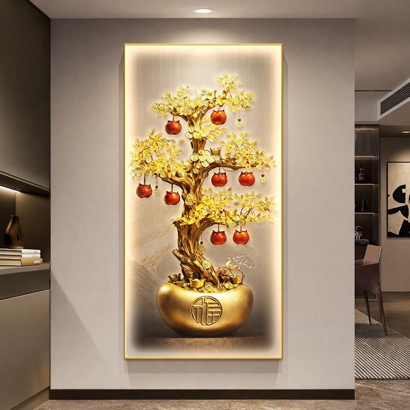 led招财进宝玄关装饰画入户正对门走廊过道壁灯画发财树竖版挂画