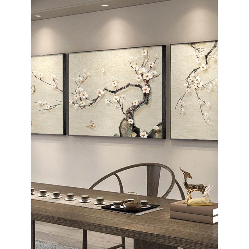 喜上眉梢客厅三联画新中式沙发背景墙装饰画喜上枝头挂画梅花壁画