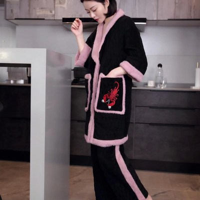 加厚夹棉冬季女士睡衣长袖家居服休闲宽松套装加绒刺绣小个子外穿