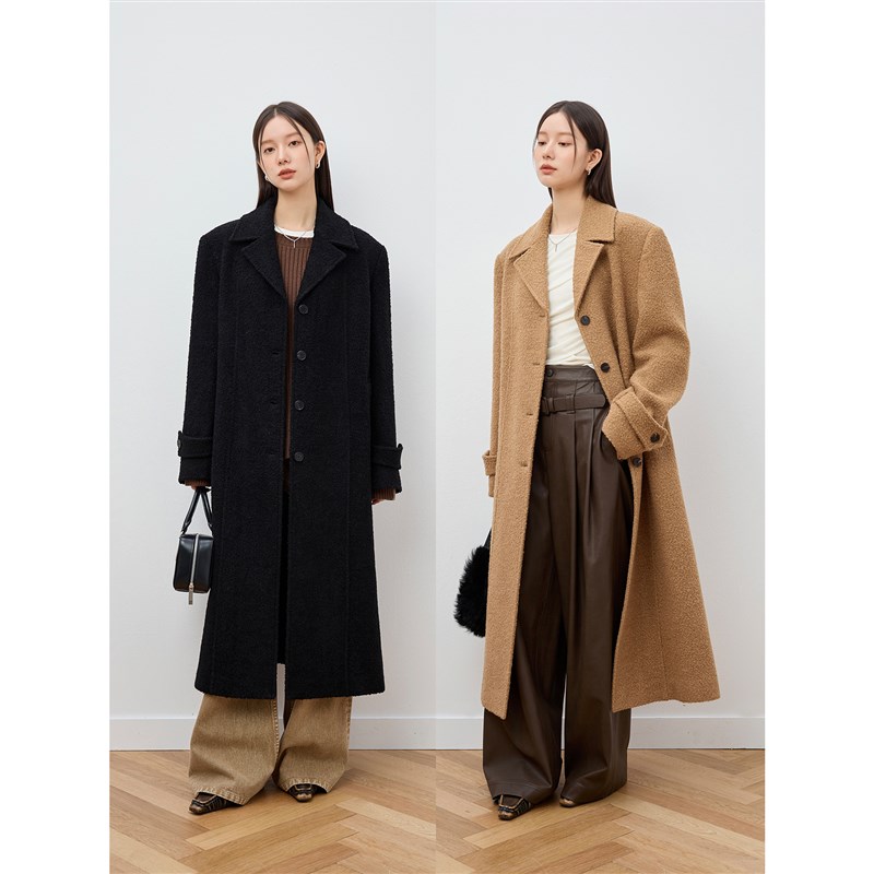 JI 质b感绵羊毛时髦颗粒圈圈毛气质翻领宽肩长款大衣外套J1201