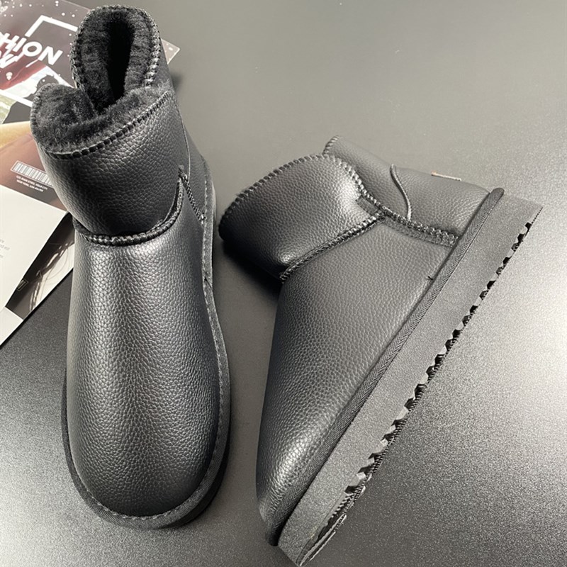 加绒雪地靴男士短筒靴子保u暖鞋子男款北方冬季防寒抗冻黑色棉鞋