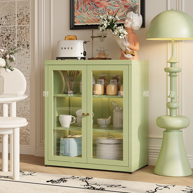 钢制餐边柜简约茶水储物柜玻璃门客D厅厨房收纳橱柜阳台铁艺置物