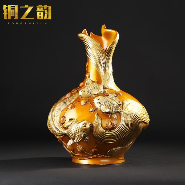 纯手工全铜年年有余花瓶套色切金工艺品办公室礼品家居装饰品摆件