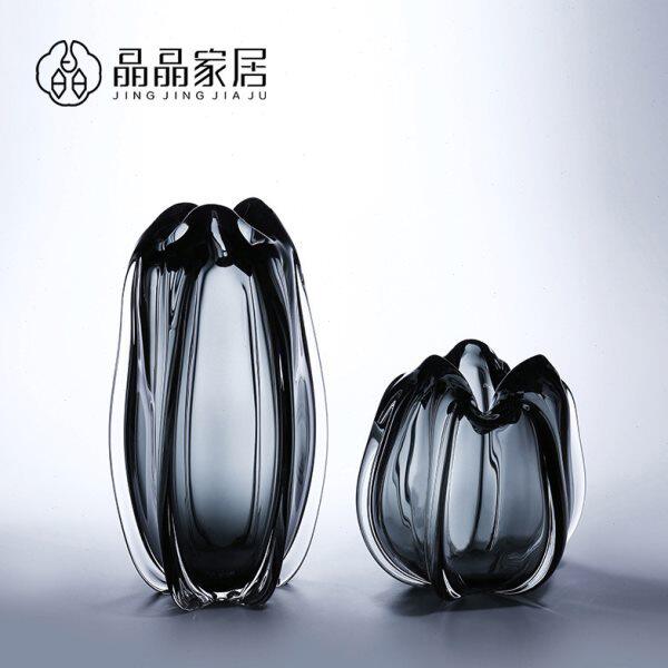 现代简约厚实玻璃花瓣口径创意玻璃灰色花瓶水养插鲜花客餐厅饰品