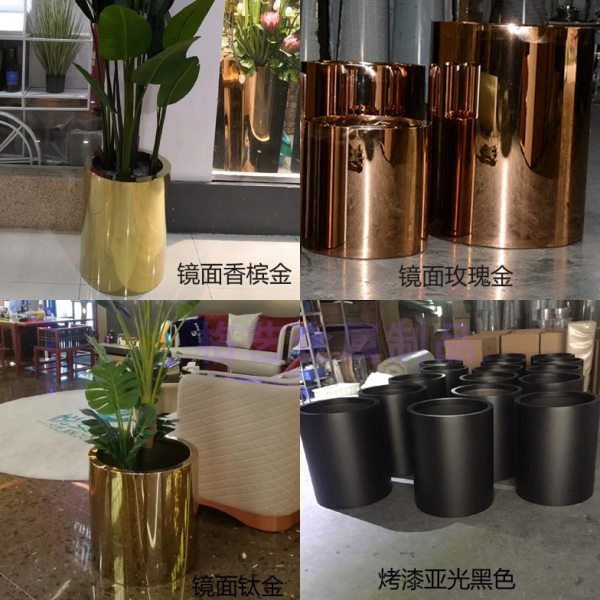 不锈钢花瓶 电镀绿植套盆 圆筒落地金属花器 圆柱形花盆现货