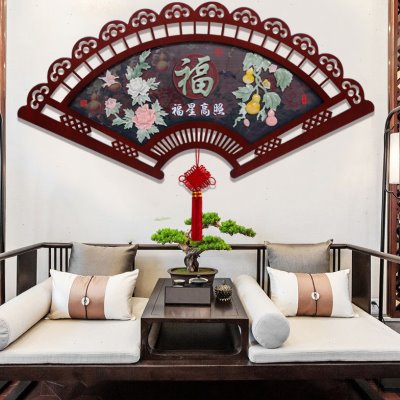 新中式扇形挂画客厅装饰画沙发背景墙浮雕画餐厅墙面树脂玉雕画