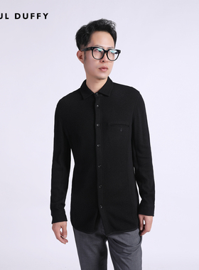 LAOUL DUFFY男装上衣秋冬款黑色翻单领毛针织长袖衬衫DC16380A