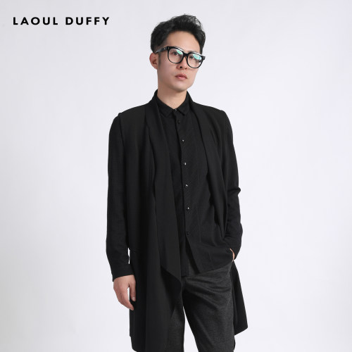 LAOUL DUFFY黑色肌理时尚款针织马甲男春季气质高贵上衣DJ18122A