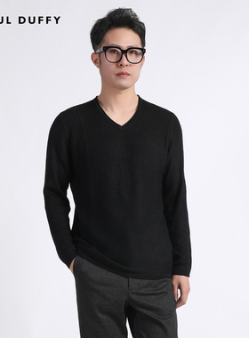 LAOUL DUFFY黑色V领胸前有菱形块针织毛衣DW16314B