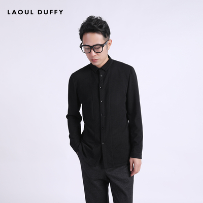 LAOUL DUFFY男装上衣秋冬款时尚黑色小翻领长袖衬衫DC18401A