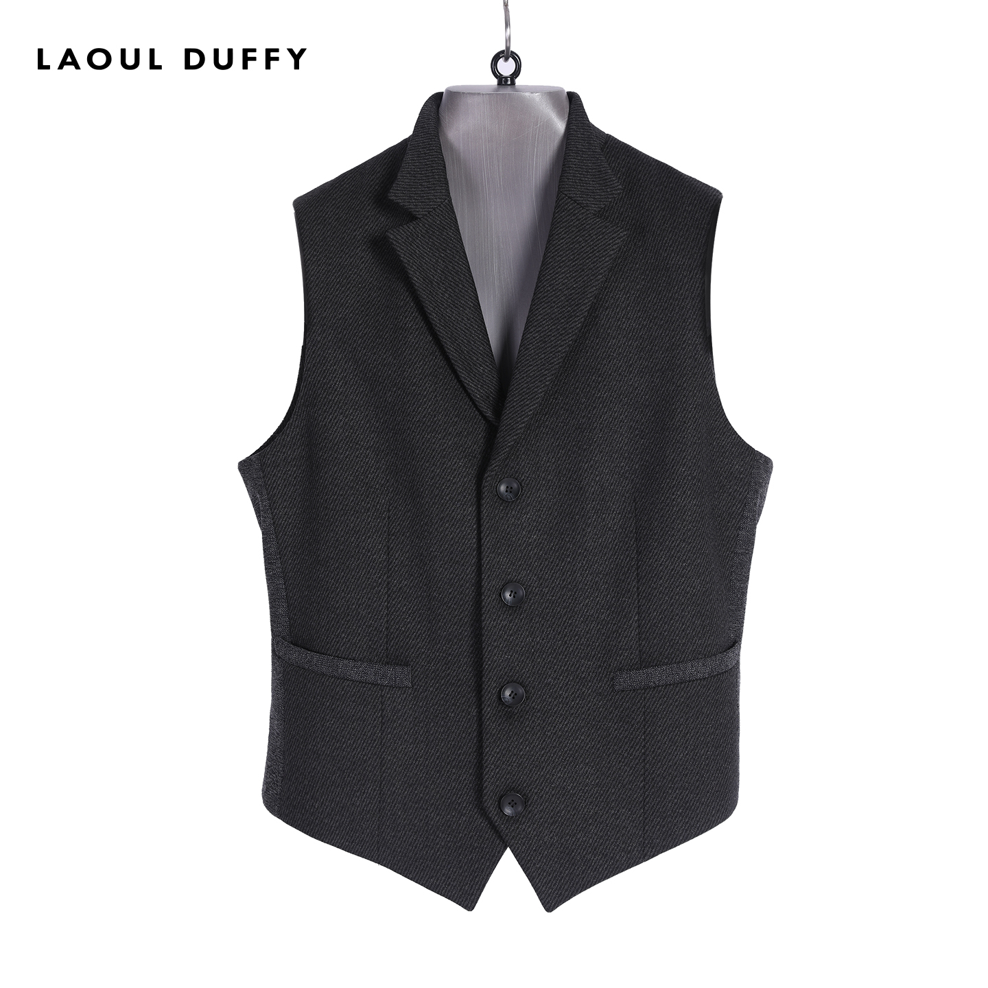LAOUL DUFFY灰色翻领马甲卡扣修身正装内搭纽扣斜纹男装DJ15328A