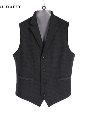 LAOUL DUFFY灰色翻领马甲卡扣修身正装内搭纽扣斜纹男装DJ15328A