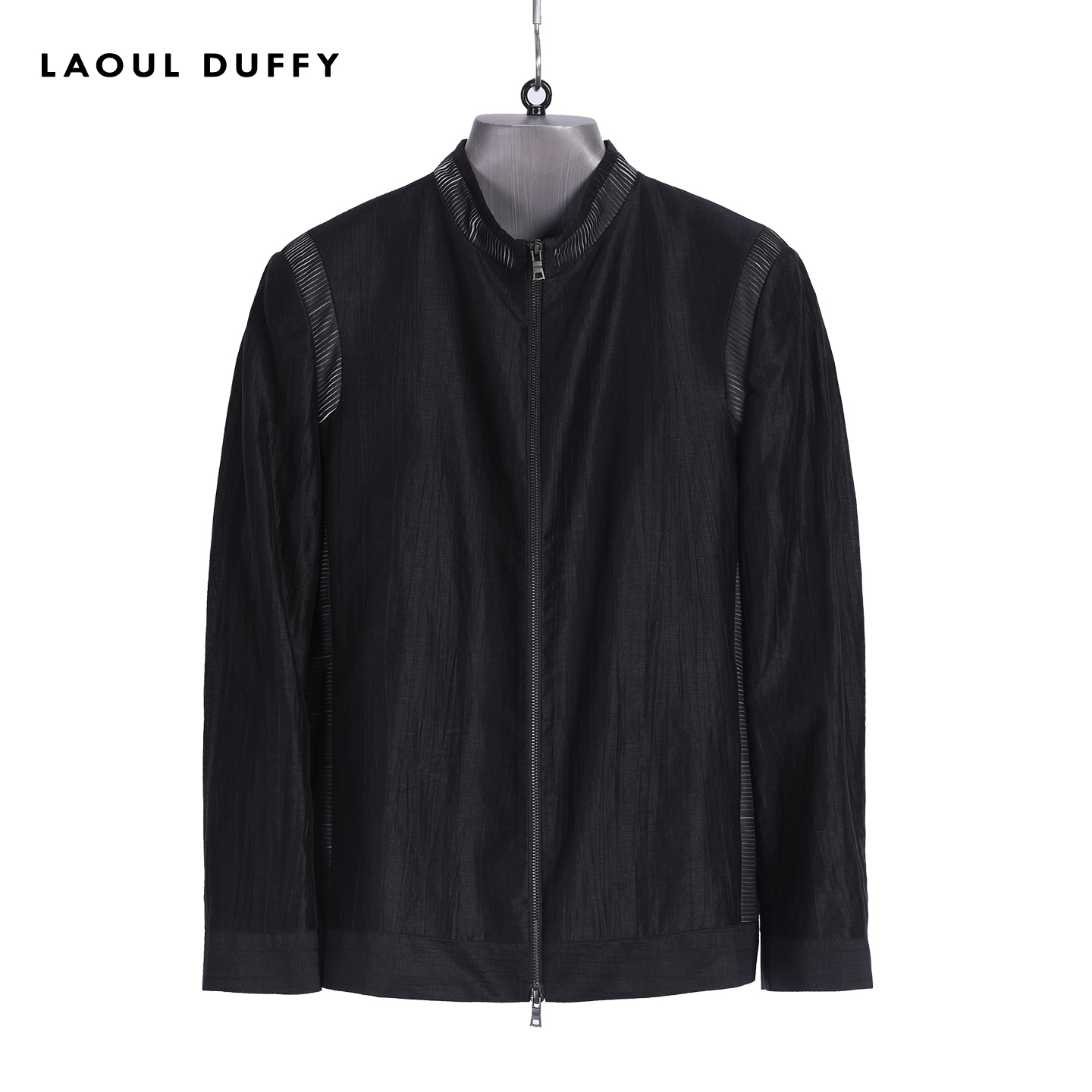 LAOUL DUFFY黑色大身两侧肩部风琴褶立领夹克双拉链男装DA16131A