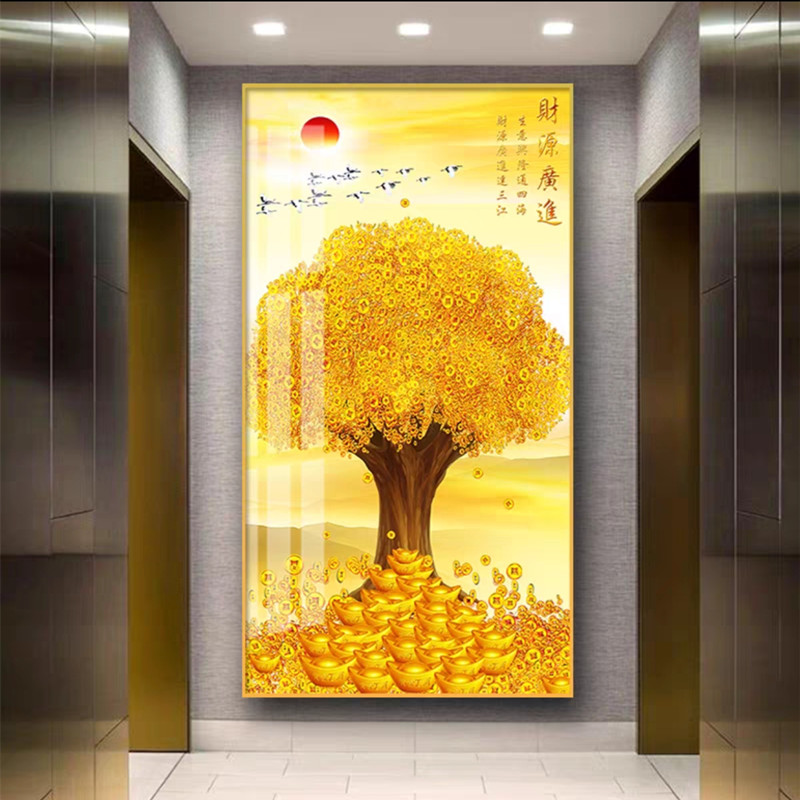 新中式发财树入户玄关装饰画财源广进招财摇钱树走廊过道墙壁挂画图片
