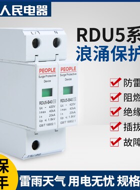 人民RDU5浪涌电涌保护器2P家用380v电源防雷开关20-100KA避雷器4P