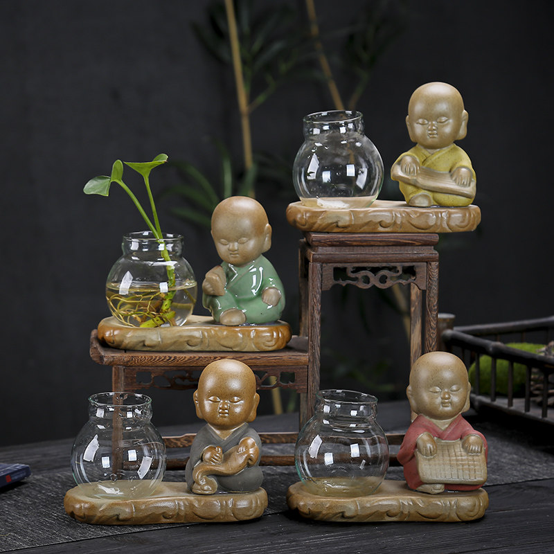 水培花盆陶瓷茶宠摆件紫砂桌面植物禅意粗陶复古水培植物铜钱草