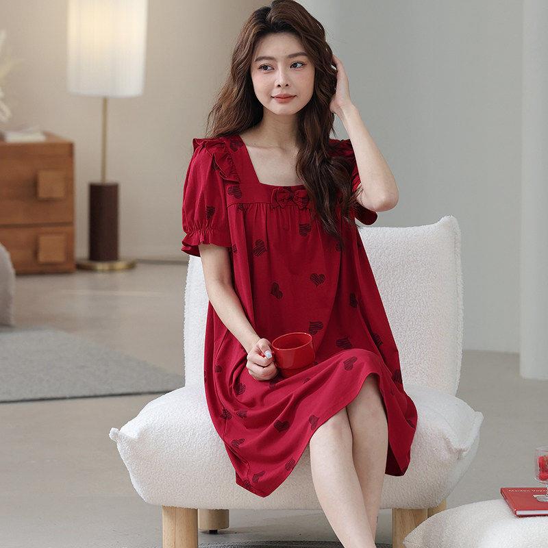 睡裙女夏莫代尔棉薄款女士睡衣红色本命年中长版洋装夏天居家服