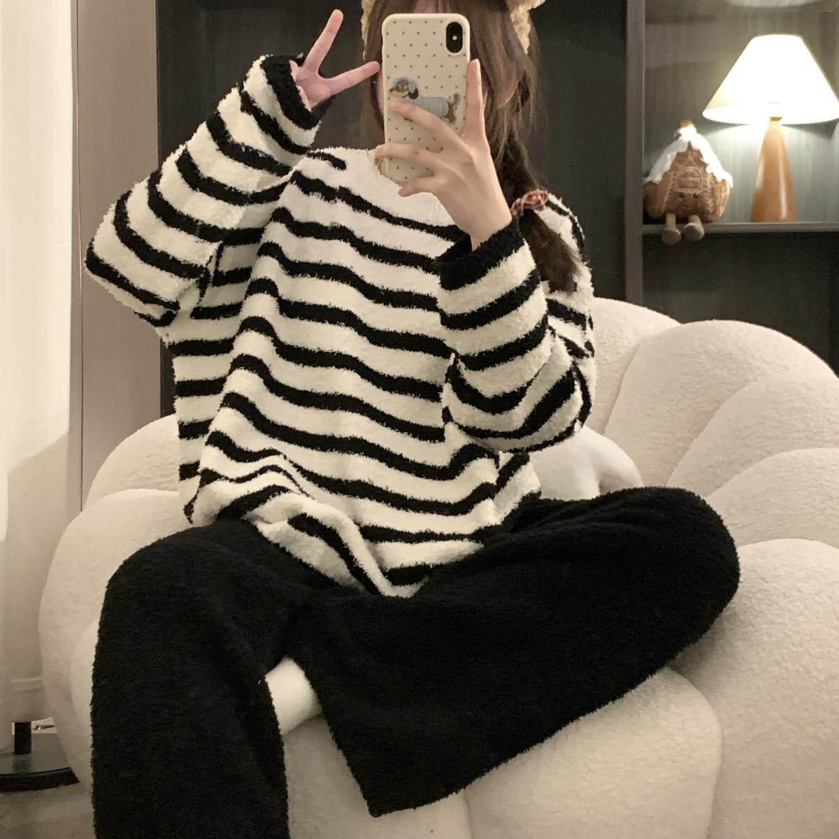 ins日系条纹半边绒睡衣女秋冬季2025新款加厚毛绒圆领家居服套装