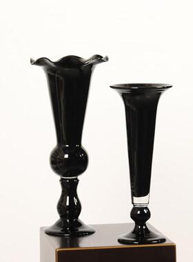 中古覆古风黑色琉璃高脚花瓶玻璃花器简约装饰品样板间插花黑摆件