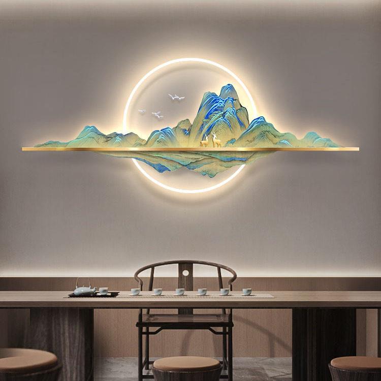 千里江山图客厅墙面装饰挂件轻奢沙发背景墙壁饰带灯中式立体挂画