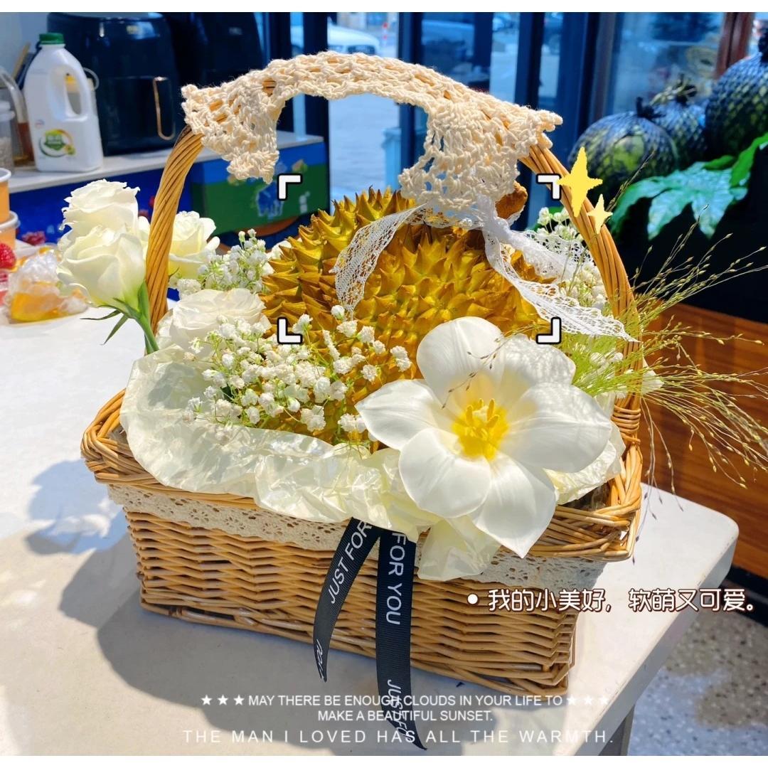 月子鸡蛋花篮水果花篮榴莲花篮草编篮子柳编鲜花精致月子礼物柳编