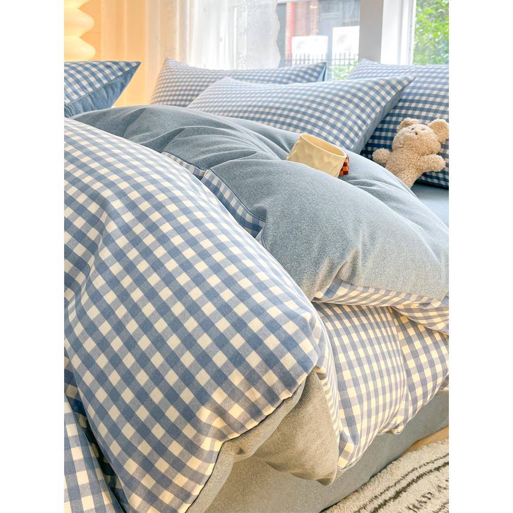 A类简约加厚磨毛床上四件套秋冬格子纯棉全棉床品被套床单三件套4