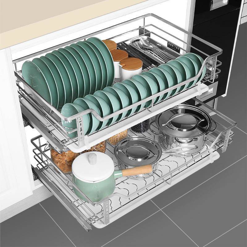 拉篮304不锈钢双层缓冲厨房橱柜抽屉式碗碟篮厨柜调味拉篮置物架