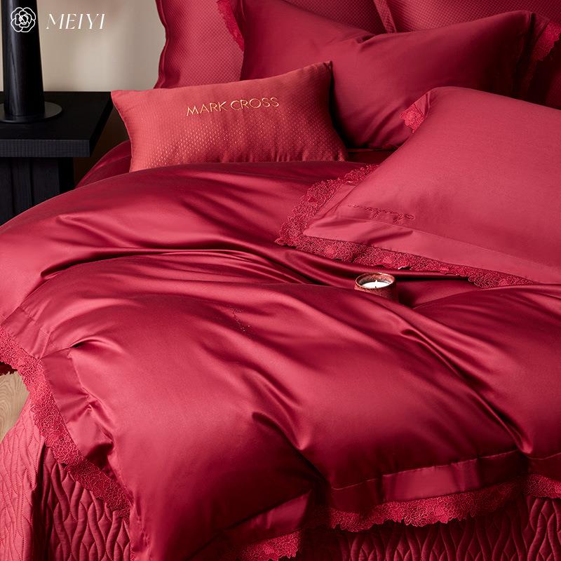 床盖款100S长绒棉结婚四件套纯棉喜被高级感红色床单婚庆床上用品