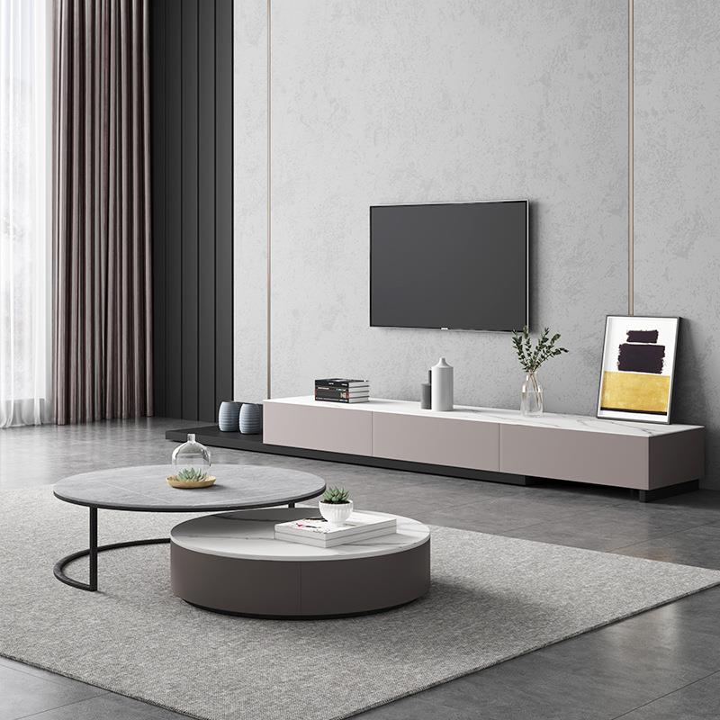 意式极简岩板茶几电视柜组合可伸缩轻奢圆形小茶几客厅简约小户型