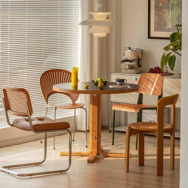 莱陌/复古实木岩板餐桌家用小户型圆形桌子中古圆桌餐桌椅组合