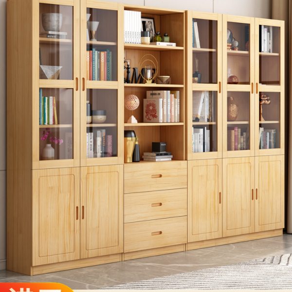 实木书柜一体到顶落地书架置物架带玻璃门储物柜家用整墙组合书橱