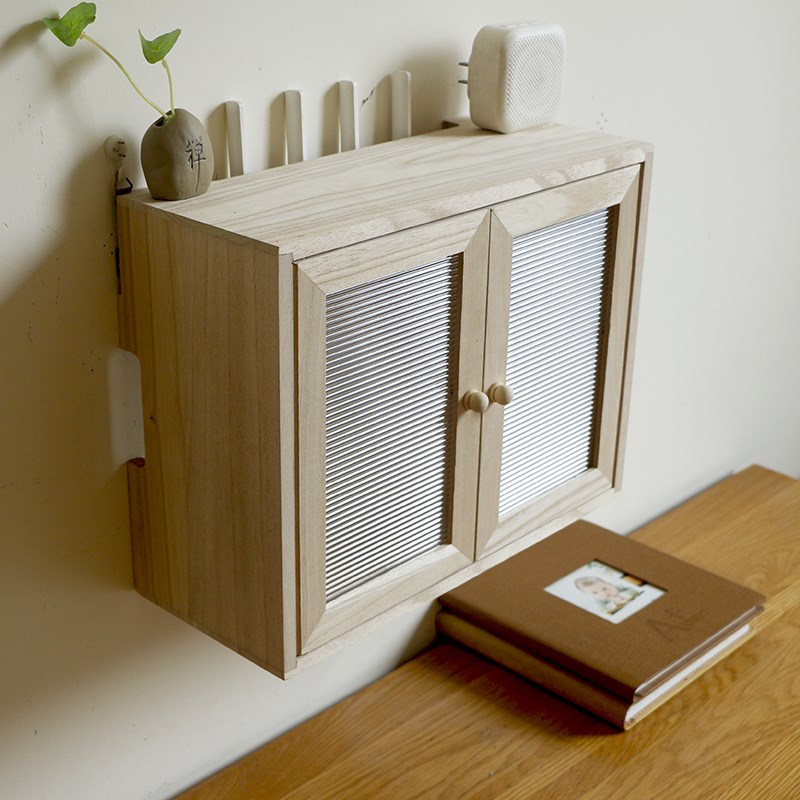 挂墙多媒体信息遮挡箱免打孔实木路由器光猫wifi置物架插座集线盒