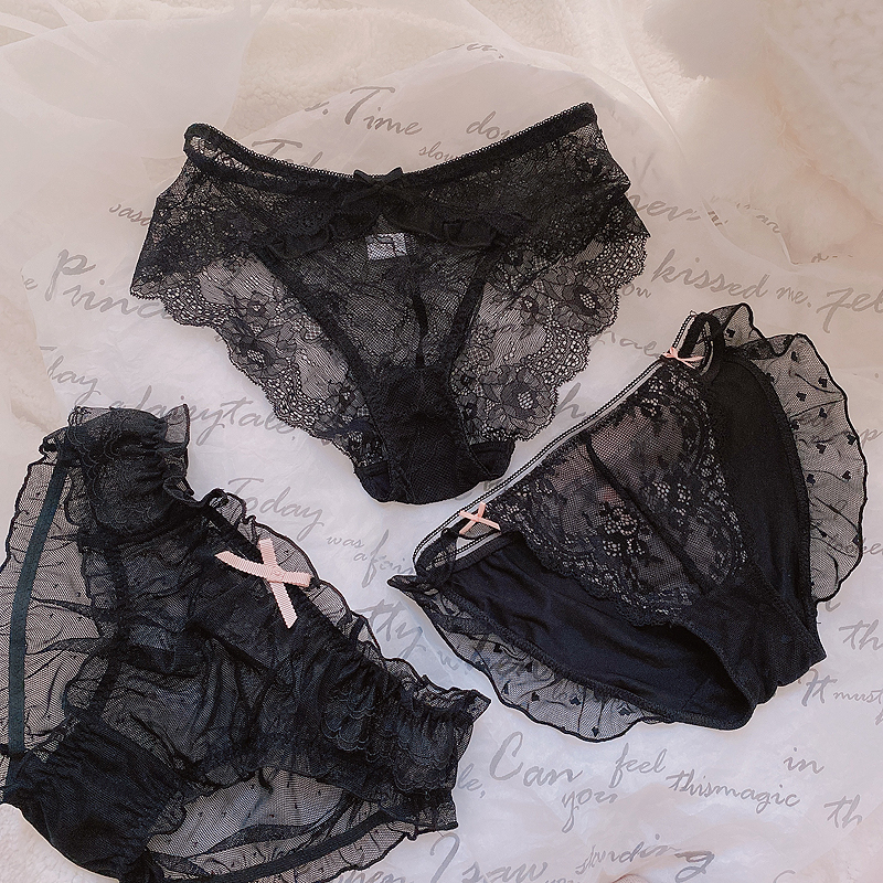 日系甜美性感内裤女神秘黑色蕾丝网纱飞边丝带蝴蝶结短裤纯情少女