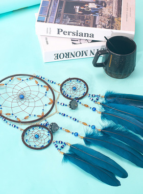 印第安蓝色捕梦网风铃挂饰羽毛挂件铺梦网欧式装饰扑梦网家居饰品