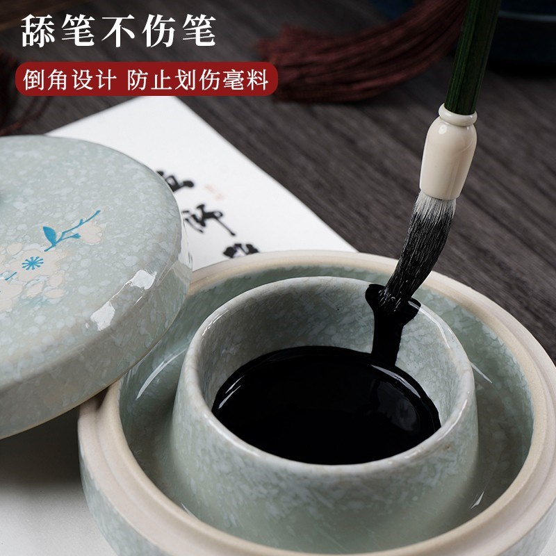 景阳阁陶瓷火锅砚台带盖书画多功能墨盒墨砚墨池墨盘双圈防蒸发不