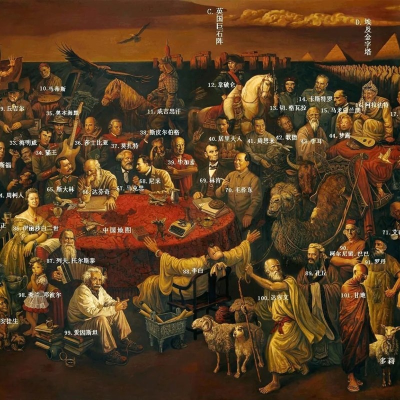 与但丁讨论神曲挂画百位名人伟人合集油画海报客厅餐厅复古装饰画