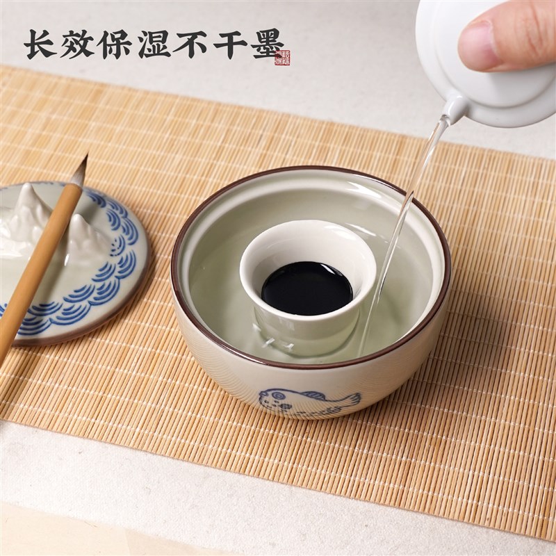 带盖火锅砚台陶瓷保湿墨碟不干墨毛笔书法专墨汁墨盒墨海文房四宝