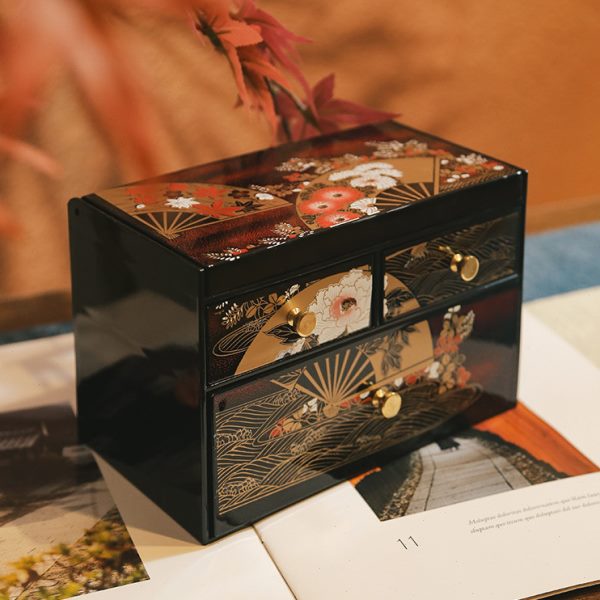 日本山中漆器扇舞首饰盒珠宝盒带抽屉日式饰品收纳盒高送女友礼物
