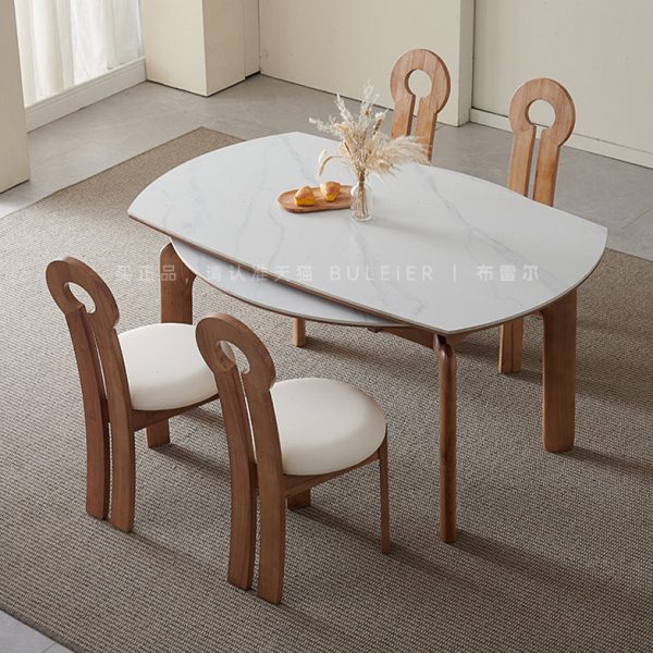 布雷尔法式复古伸缩岩板伸缩餐桌小户型中古风实木可折叠圆桌方桌