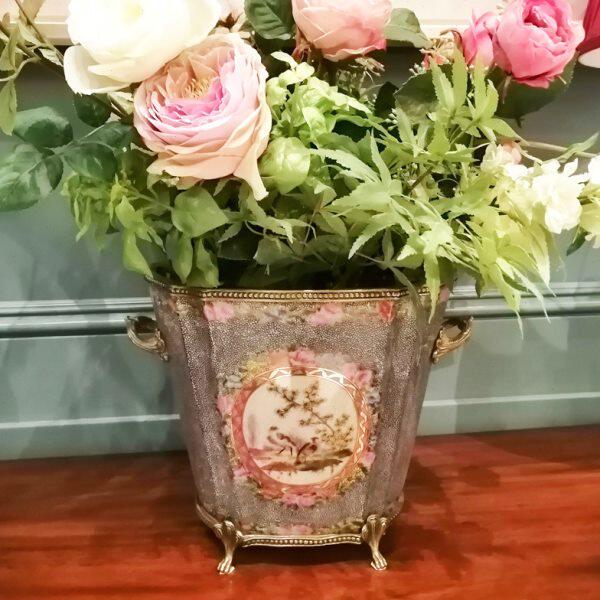 欧式仿真花卉盆客厅桌面装饰花盆玄关摆件铜双耳古典陶瓷花瓶6149