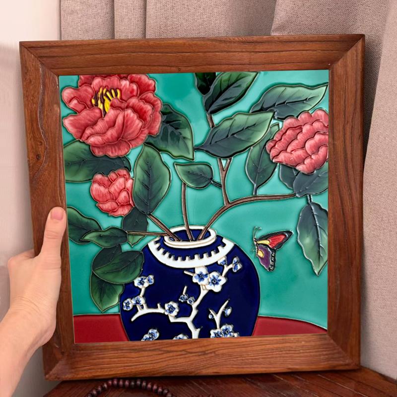立体浮雕手绘陶瓷画搭配风化老榆木实木画框客厅复古装饰画新中式