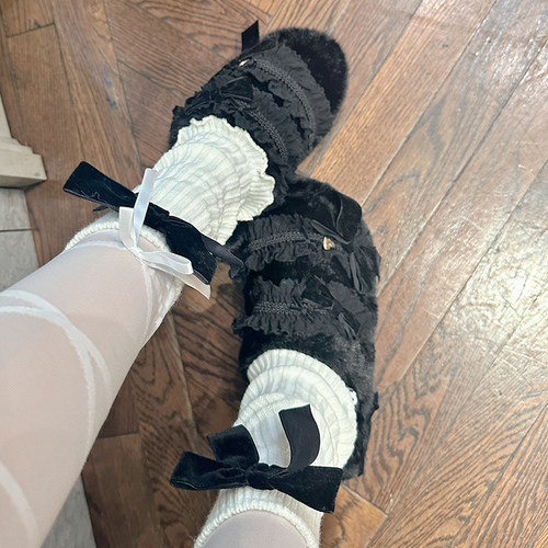 PINKYO原创毛毛拖鞋女外穿黑色花边2023新款韩版包头防滑毛绒棉拖