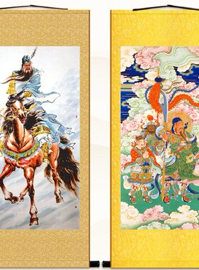 关圣帝君图 关公骑马关羽画像 中式复古卷轴挂画丝绸画可定制订做