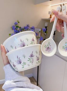 陶瓷碗网红紫色花卉陶瓷米饭碗带勺子釉下彩家用甜品碗可微波炉