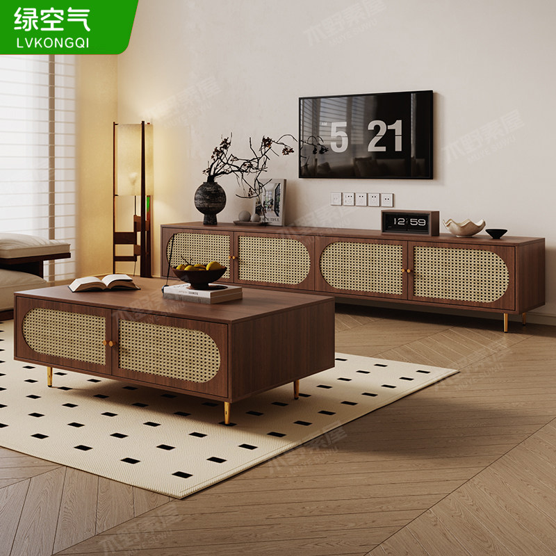 实木藤编电视柜现代简约客厅家用落地柜中式小户型储物收纳影视柜