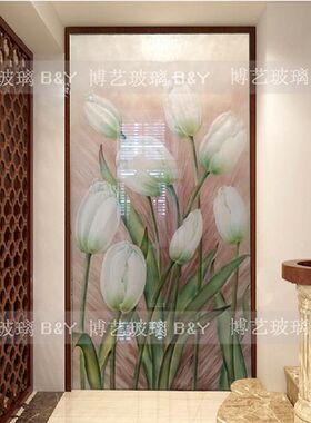 上海订做艺术玻璃玄关背景墙过道背景隔断屏风立体深雕郁金香玄关